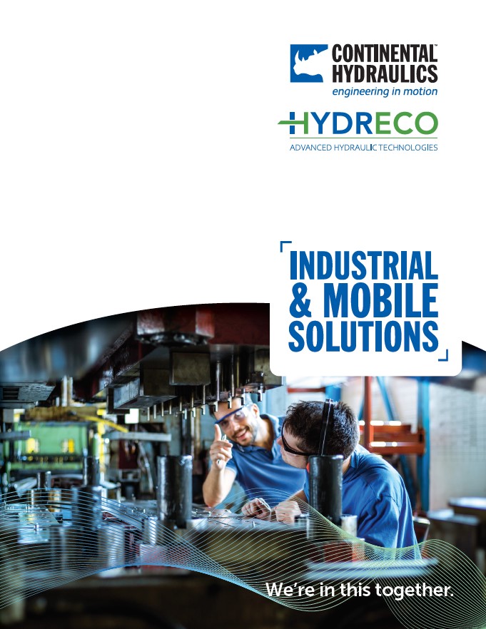 Engineers working with machinery; Continental Hydraulics and Hydreco Logo; "Industrial & Mobile Solutions" text