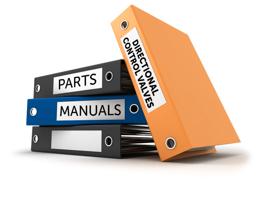 4 stacked binders; "parts", "manuals", "directional control valves"; white background
