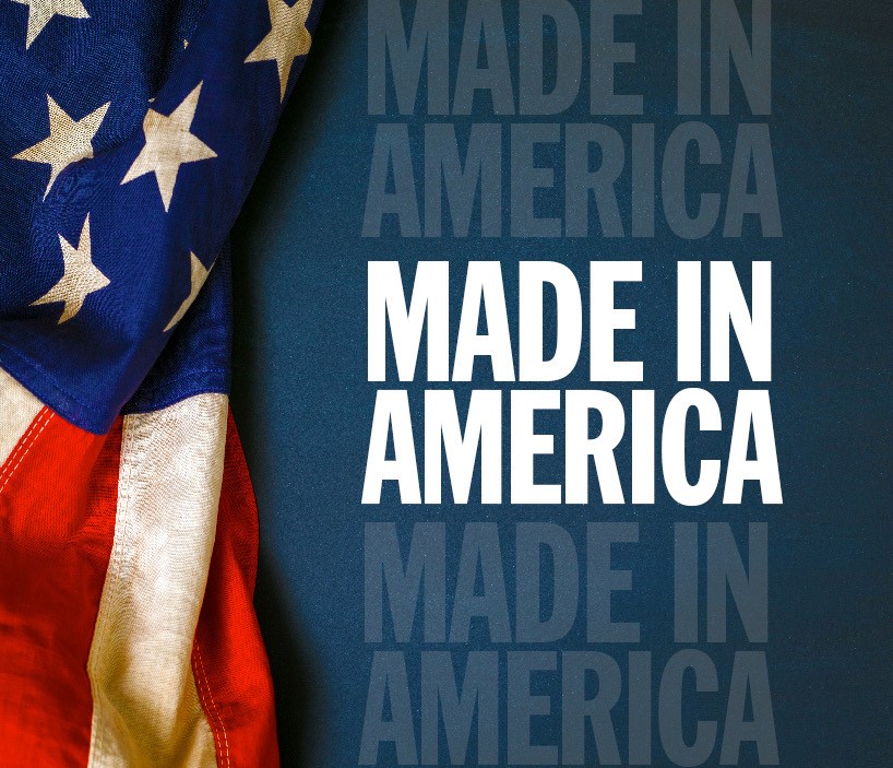 Made In America Logo With American Flag Draped Over Left Side