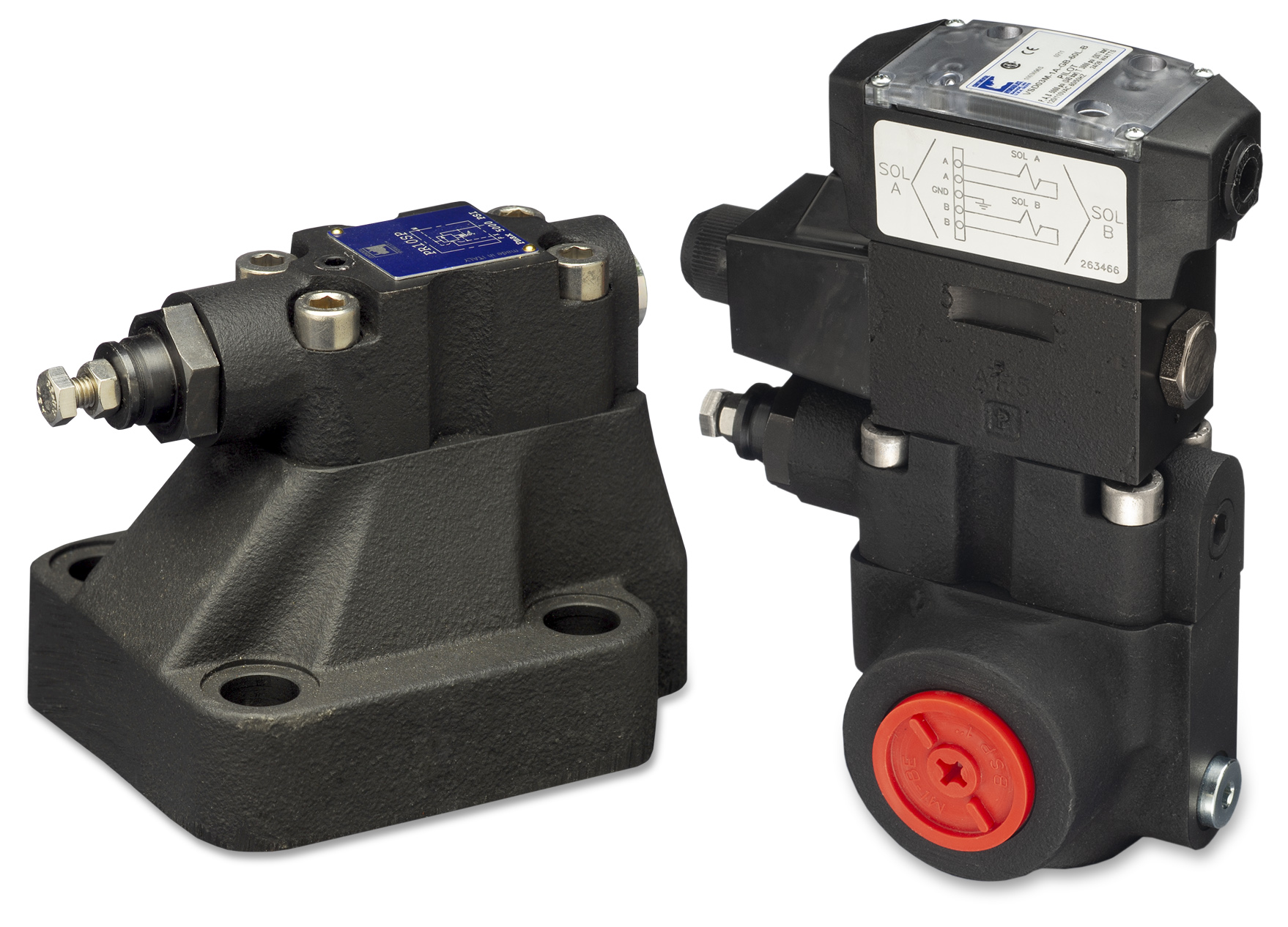Pilot operated relief valves; white background