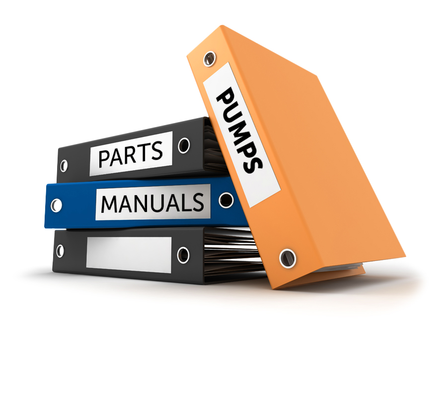 4 stacked binders; "parts", "manuals", "pumps"; white background