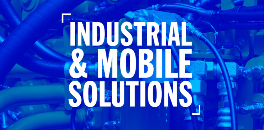 close up of hydraulic equipment tinted blue; "industrial & mobile solutions" text in foreground