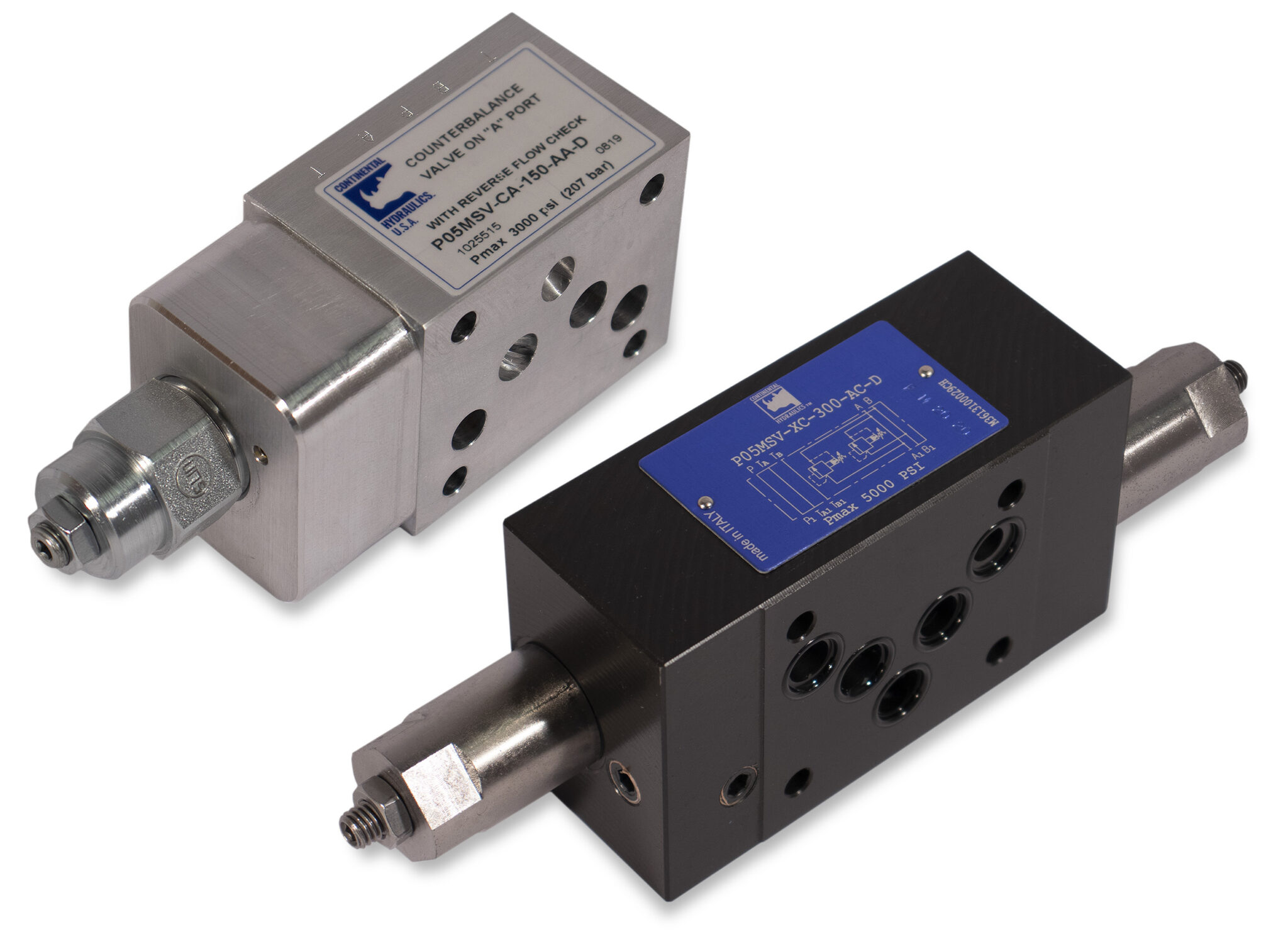 Modular stack valve products; aluminum and cast iron; white background